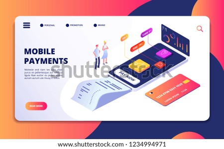 Online payment isometric concept. Banking shopping mobile phone app. Credit card protection, internet paying buying vector banner