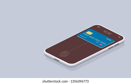 Online payment isometric concept. Vector icon mobile phone. Application landing template. Office business concept. Credit card icon set. Online payment service. Vector technology 3d illustration.