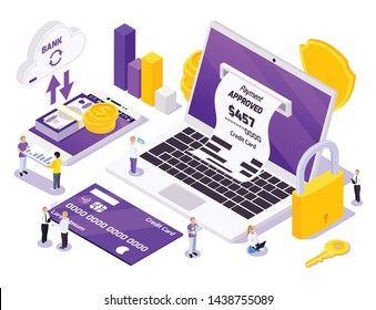 Online payment isometric conceptual composition with small people and icons of keys money with electronic gadgets vector illustration