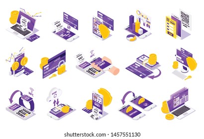 Online payment isometric icons collection with images of golden coins security shields locks and electronic gadgets vector illustration