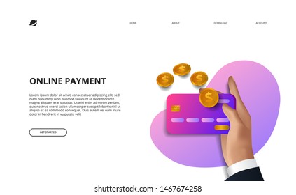 online payment landing page illustration business finance e commerce concept , hand holding credit card with golden coin dollar