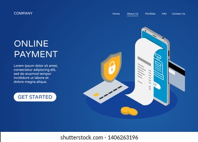 Online payment landing page web site design template. Isometric smartphone, bank card, check, shield and coins. Internet payments, protection money transfer concept. Vector illustration