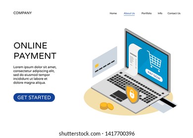 Online payment landing page website design template. Isometric laptop with bank card, shield, check and coins. Internet money transaction protection concept. Vector illustration