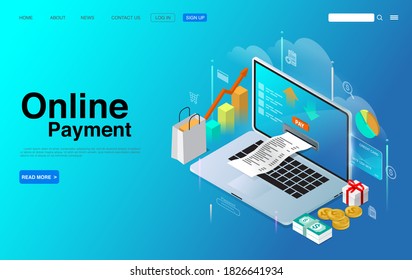 Online Payment with Laptop Isometric Illustration Concept. Online Payment Digital Internet Technology. Landing Page Template. Vector EPS 10