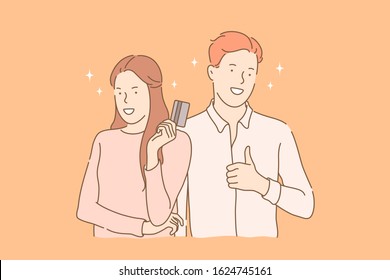 Online payment, like, buy concept. Happy couple makes online payment. Young man shows like sigh. Young woman buyer holds credit card for online payment. Guy buys things on sale. Simple flat vector