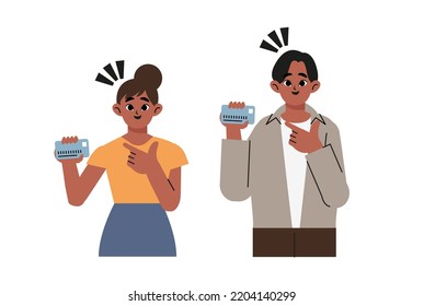 Online payment, like, buy concept. Happy american, african, black, indian couple makes online payment. Young woman, man buyer holds credit card for online payment. Guy buys things on sale. Flat vector