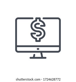 Online payment line icon. Computer with dollar vector outline sign.