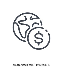 Online payment line icon. Planet earth with dollar coin vector outline sign.