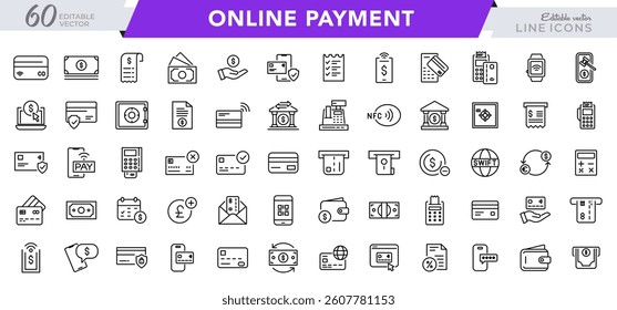 Online Payment line icon set. Mobile banking, payment methods, bank, online payment, money transfer, banking, credit card, and currency exchange outline icon collection. UI thin outline icon pack