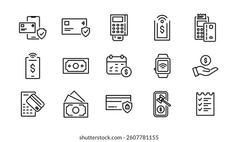Online Payment line icon set. Mobile banking, payment methods, bank, online payment, money transfer, banking, credit card, and currency exchange outline icon collection. UI thin outline icon pack