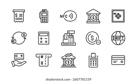 Online Payment line icon set. Mobile banking, payment methods, bank, online payment, money transfer, banking, credit card, and currency exchange outline icon collection. UI thin outline icon pack