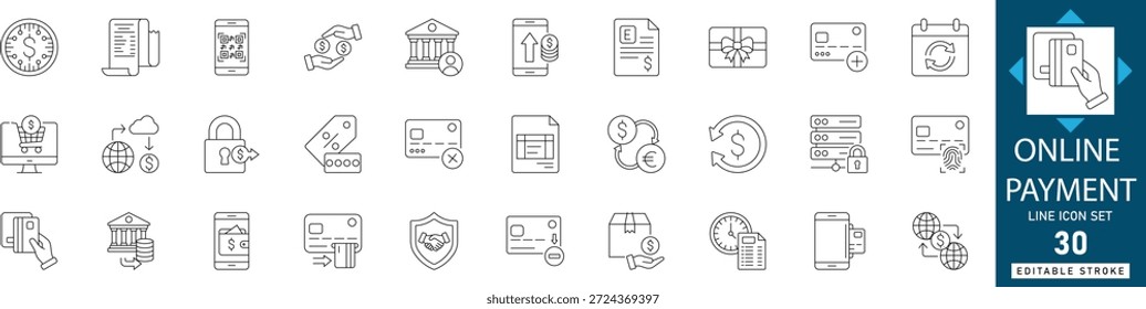 Conjunto de iconos de línea de pago en línea con billeteras digitales, fintech y símbolos de transacción segura. Ideal para App de comercio electrónico, Sitios web bancarios y diseño de interfaz de usuario. Editable