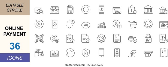Online payment line icon set. Featuring transactions, wallets, checkout and digital finance concepts. Clean vector set for fintech apps and ecommerce. Editable stroke.