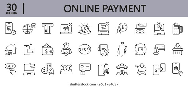 Online Payment line icons set with Pay, Transaction, NFC, Wallet, Money, Bank, Internet, Receipt and more. Editable Stroke