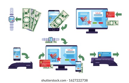 Online Payment Methods Collection, Financial Transactions via Electronic Gadgets, Money Transfer Technology Vector Illustration