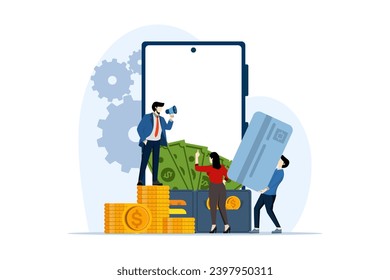 online payment methods concept, wallet with dollars and coins, wallet with dollars and debit card, cash with banknotes and online via electronic bank transfer, flat vector illustration.