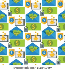 Online payment methods confirmed finance mobile banking workplace vector illustration in flat style seamless pattern background.