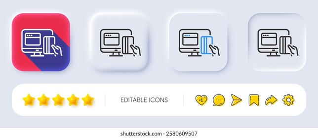 Online Payment methods line icon. Neumorphic, Flat shadow, 3d buttons. Web money sign. Credit card symbol. Line online payment icon. Social media icons. Vector