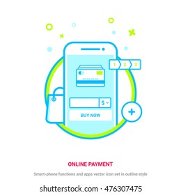 Online payment. Mobile App development. Smart-phone functions  and apps vector concept in outline style and flat style. Online shopping concept. Shopping bags. Credit cards. E-commerce. Business.