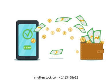 Online Payment Mobile App Or Money Transfer With Digital Wallet. Electronic Banking. Flat Smartphone With Check Mark And Send Button On Screen. Successful Bank Transaction, Cash Withdrawal