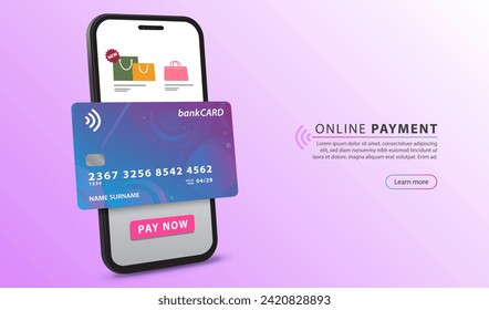 Online payment with mobile banking card and mobile phone. Digital pay service for shopping app. Vector illustration.