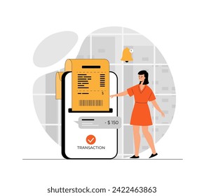 Online payment, mobile banking concept. Woman paying bills, make online transactions using phone app. Illustration with people scene in flat design for website and mobile development.