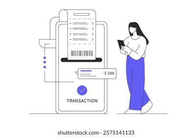 Online payment, mobile banking concept. Woman paying bills, make online transactions using phone app. Flat Cartoon Vector Illustration, icon. Stylish abstract  