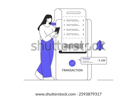 Online payment, mobile banking concept. Woman paying bills, make online transactions using phone app. Flat Cartoon Vector Illustration, icon. Stylish abstract web