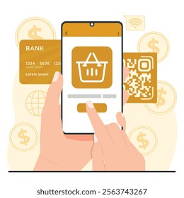 Online Payment: Mobile payment concept with a hand holding a smartphone showing a shopping basket and QR code, representing seamless digital transactions