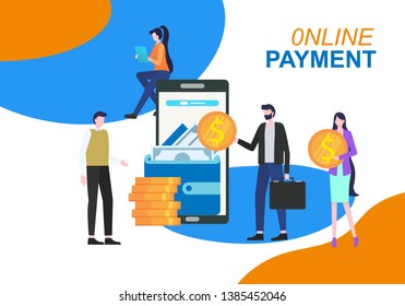 Online Payment Mobile Phone Application Vector Illustration. People Man Woman with Golden Coin Electronic Wallet Credit Card NFC Technology Smartphone Shopping Internet Purchase Cashless Pay