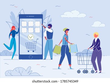 Pago en línea con Ilustración de vectores de dibujos planos de teléfonos móviles. Protección de datos financieros, Smartphone con carro en pantalla. Gente caminando con bolsas de compras y tranvía. Pago sin contacto.