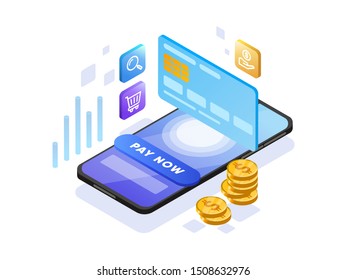 Online Payment  with Mobile Phone Isometric Illustration Concept. Modern design concept of web page design for website and mobile website.Vector illustration EPS 10