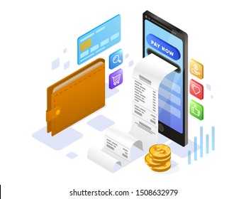 Online Payment  with Mobile Phone Isometric Illustration Concept. Modern design concept of web page design for website and mobile website.Vector illustration EPS 10