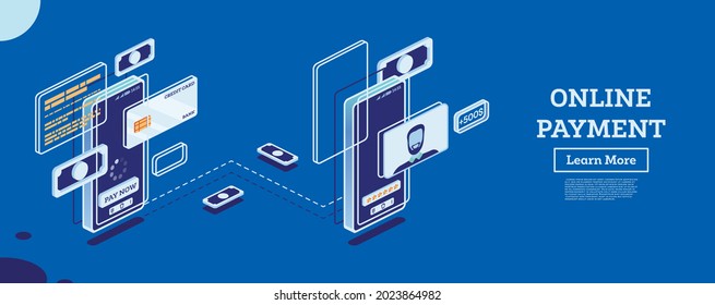 Online Payment with Mobile Phone. Isometric Concept. Online Shopping with Credit Card. Vector Illustration. Internet Payments. Transferring Money from One Client to Another Via Smartphone.