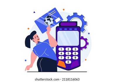 Online payment modern flat concept for web banner design. Woman pays for purchases with credit card and manages spending, counting money on calculator. Vector illustration with isolated people scene
