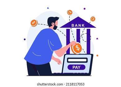 Online payment modern flat concept for web banner design. man pays for purchases bill and makes bank transfer using laptop. Secure transactions service. Vector illustration with isolated people scene