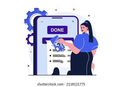 Online payment modern flat concept for web banner design. Woman pays bills and taxes using credit card in mobile app. Online banking service, e-business. Vector illustration with isolated people scene