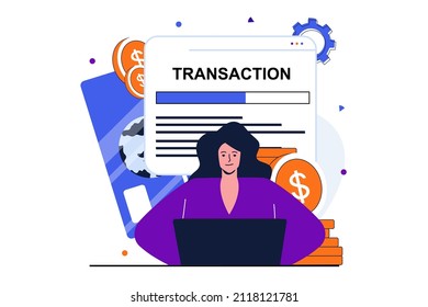 Online payment modern flat concept for web banner design. Woman conducts financial transaction and transfers money paying for services using laptop. Vector illustration with isolated people scene