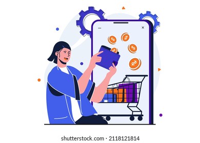 Online-Zahlung moderne Wohnung Konzept für Web-Banner Design. Die Frau kauft und bestellt Waren im Online-Geschäft, die mit elektronischer Brieftasche in ca. Vektorgrafik mit Szene isolierter Menschen
