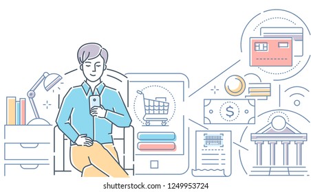 Online payment - modern line design style vector illustration on white background. A composition with a man making banking operations by smartphone, doing shopping via mobile app, using card