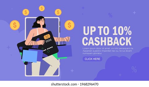 Online payment or money refund program vector illustration concept. Woman get cashback for purchase in shop or store. Online banking. Save money or shopping through mobile app. E-comerce web banner.