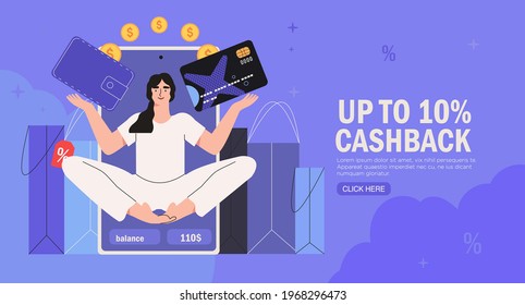 Online payment or money refund program vector illustration concept. Woman get cashback for purchase in shop or store. Online banking. Save money or shopping through mobile app. E-comerce web banner.