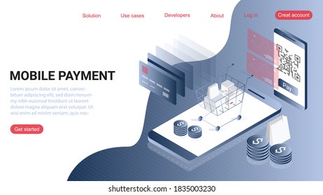 Online payment, money, smartphone with credit card. Conceptual isometric vector illustration for web and graphic design.
