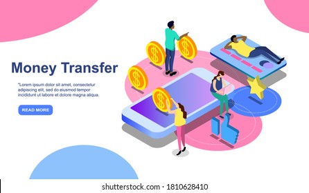 Online Payment. Money transfer, online banking, mobile wallet, pay history, mobile app. Man pays phone with credit card. landing web page design template decorated with people character EPS