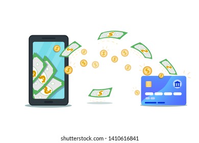 Online payment or money transfer with mobile wallet app and credit card. Flat smartphone with cash on screen. Make or earn dollar money. Concept of savings bank account, cashback, currency exchange