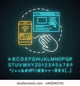 Online payment neon light concept icon. Online shopping. Digital wallet. Mobile banking. E-commerce. Financial management idea. Glowing alphabet, numbers and symbols. Vector isolated illustration