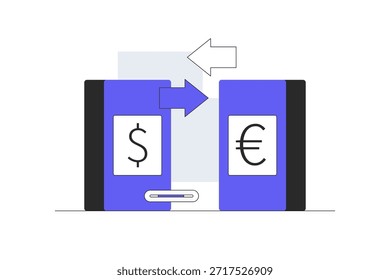 Pago en línea, pagos NFC. Banca, App Financiero y pago electrónico. Euro a dólar convertidor. Ilustración vectorial plana de la historieta, icono Web elegante de la página de aterrizaje del diseño abstracto