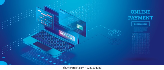 Online Payment with Notebook Isometric Illustration Concept. Online shopping. Vector Illustration. Internet Banking. Modern Design Concept of Web Page Design. Online Security Transaction.