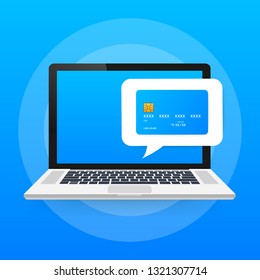 Pago en línea en la computadora. Contabilidad financiera, notificación de pago electrónico. Vector ilustración de stock.