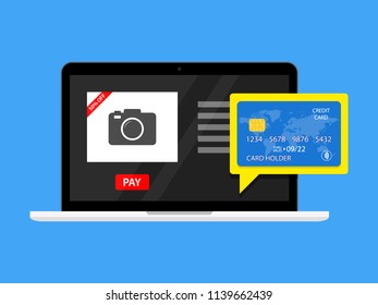 Online payment on computer vector illustration, flat cartoon big pay bill tax via credit card and laptop pc concept, financial accounting, electronic payment notification
